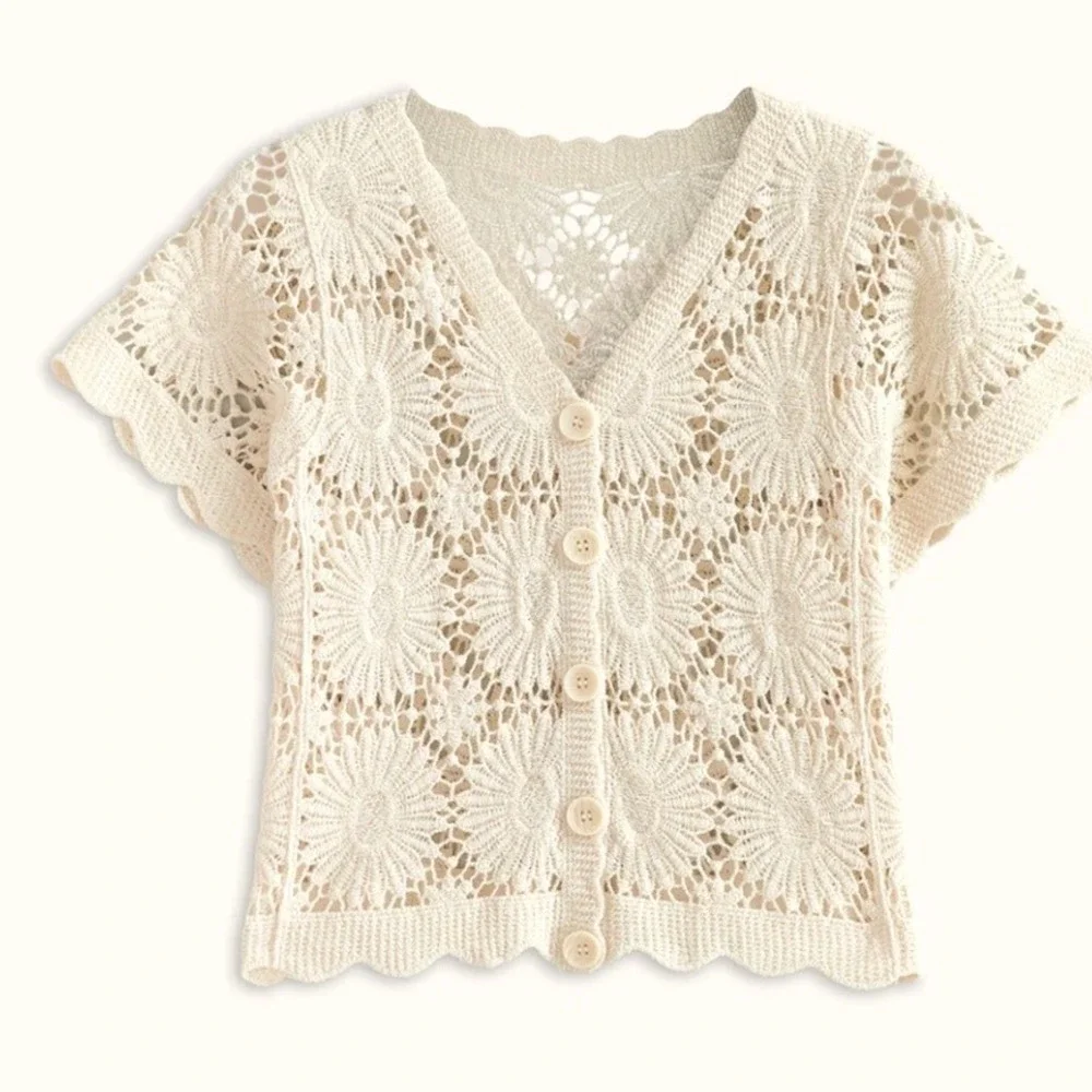 Rebellion Crochet Cardigan Cream Boho Floral Open Knit Button Front Size M - Picture 2 of 9